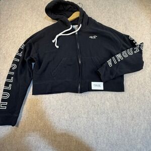 Hollister California Womens Cropped Zip Up Hoodie Black Graphic Sleeve Small